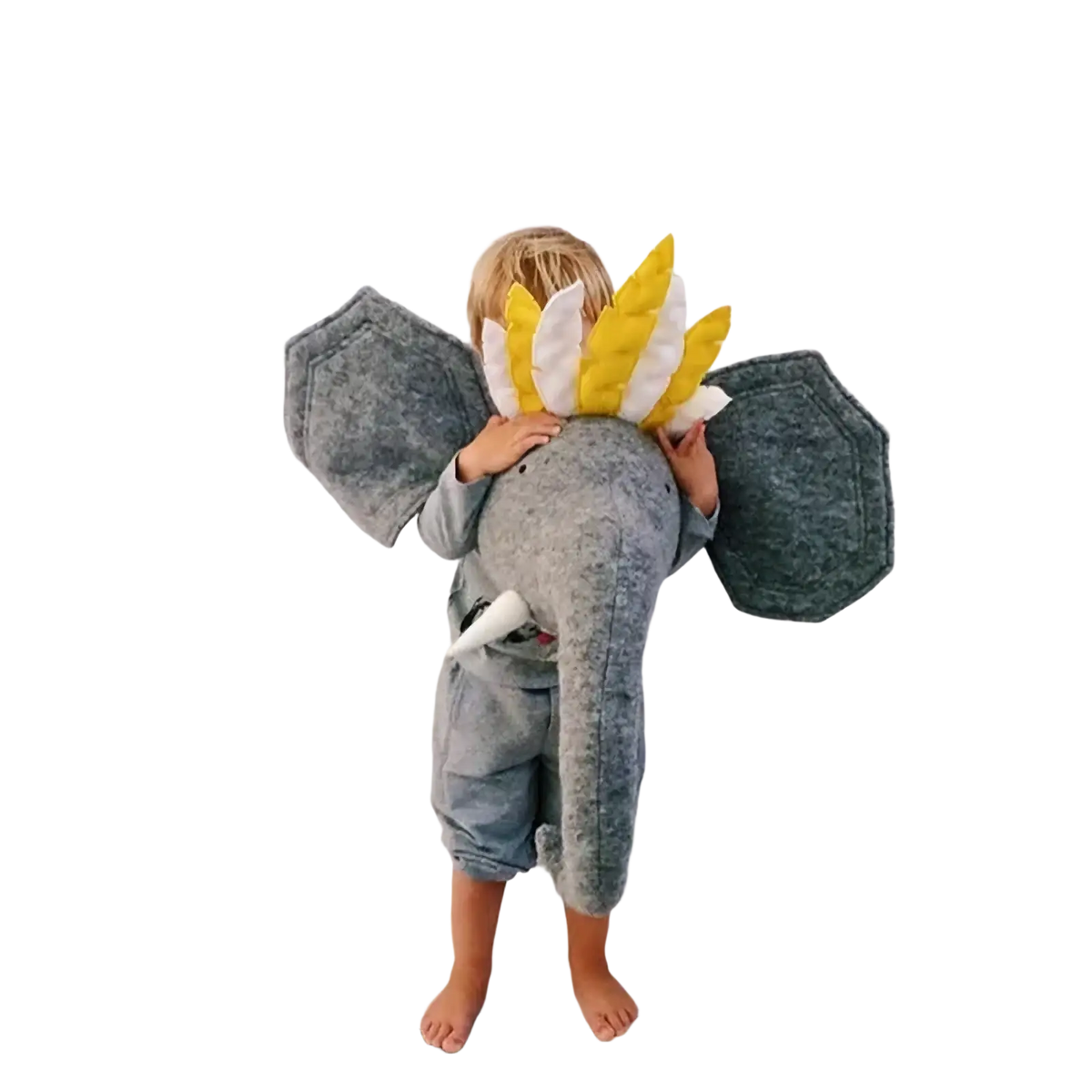 Gray felt elephant plush toy with yellow and white feathered crown used as 3d cartoon animal head wall hanging decor
