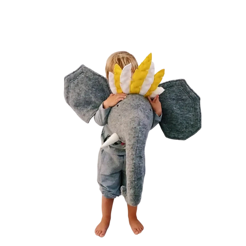 Gray felt elephant plush toy with yellow and white feathered crown used as 3d cartoon animal head wall hanging decor