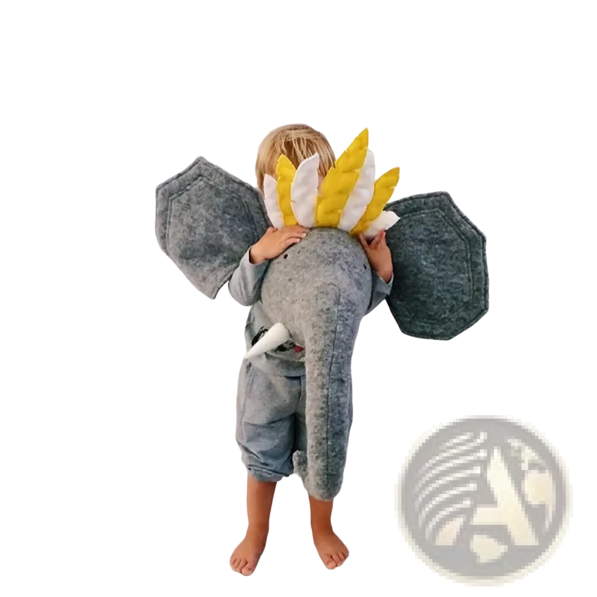Gray felt elephant plush toy with yellow and white feathered crown used as 3d cartoon animal head wall hanging decor