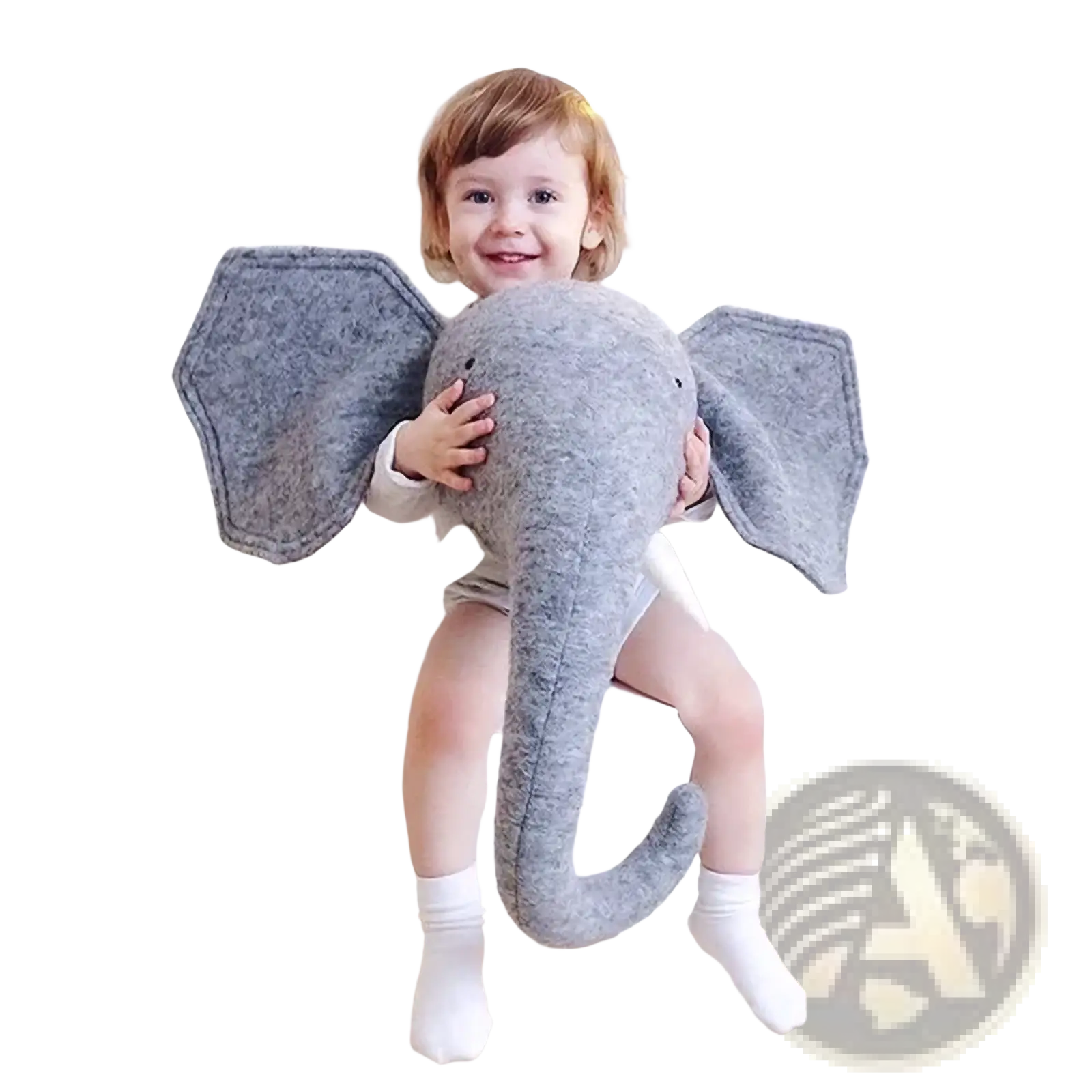 Gray felt elephant plush toy with stitched details and white inner ears as 3d cartoon animal head wall hanging decor