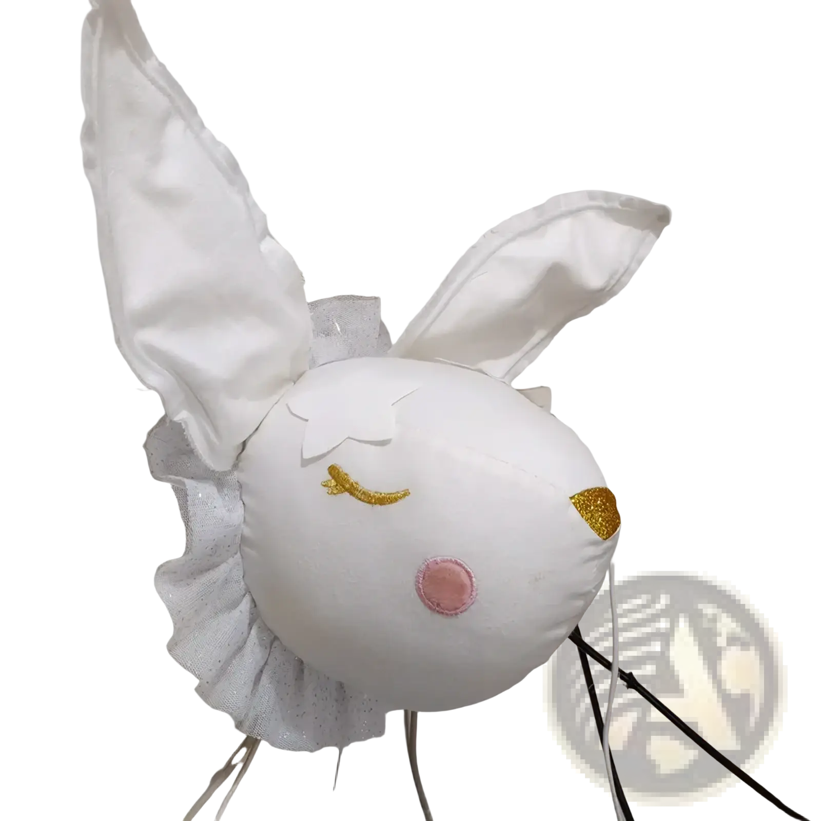 White plush 3d cartoon animal rabbit head wall hanging with gold glitter eyes and nose, pink blush, and lace ruffle trim