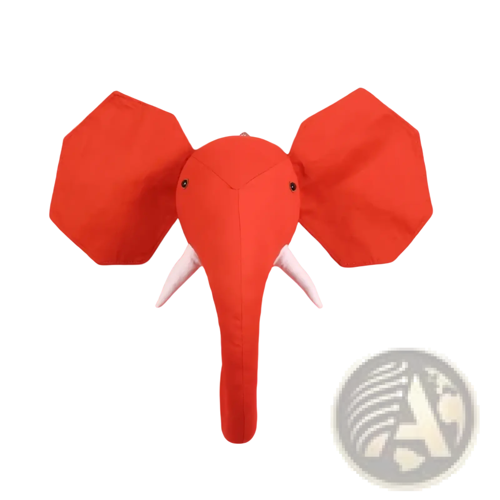 A vibrant red fabric 3d cartoon elephant head wall hanging decor with white tusks and black button eyes