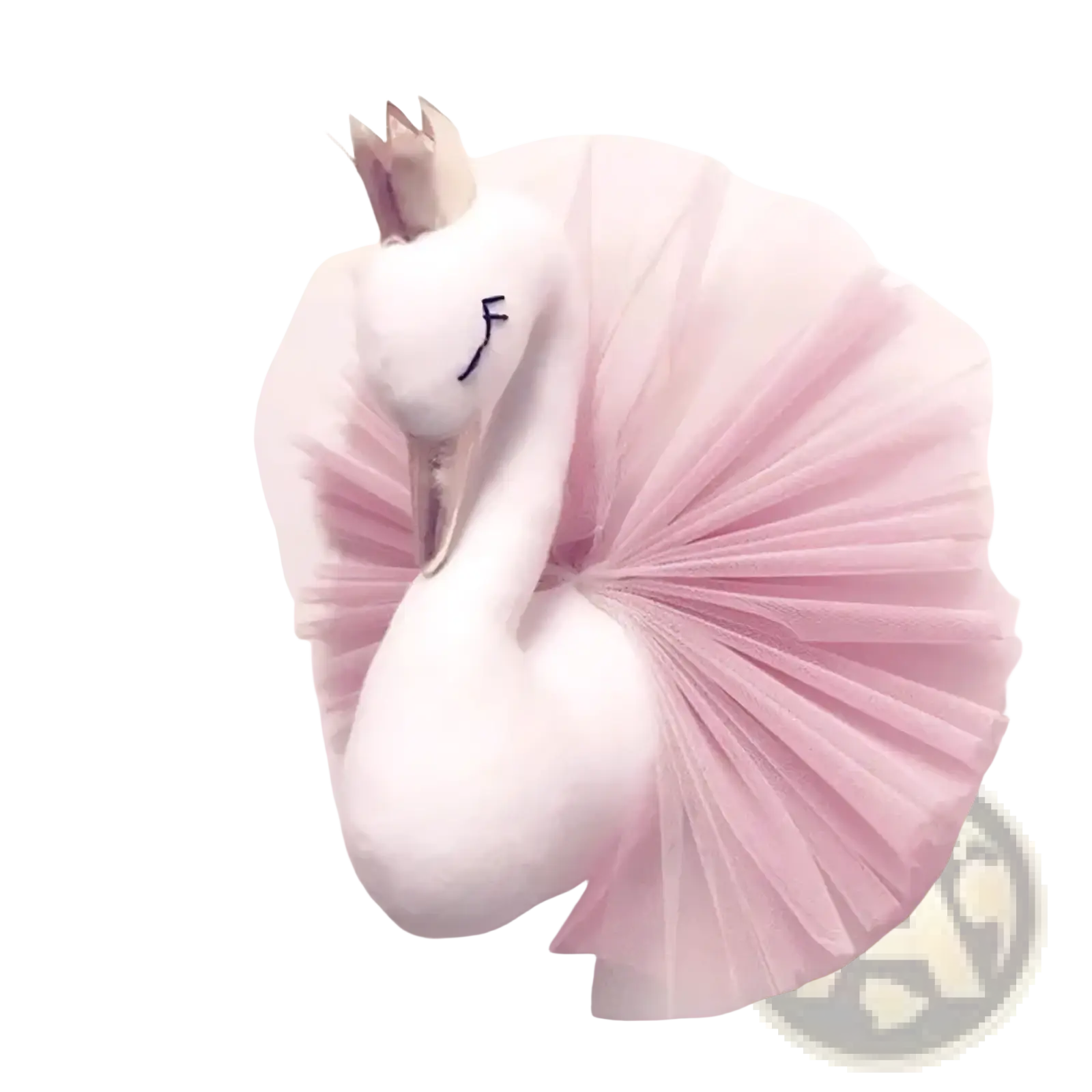 A plush white swan 3d cartoon animal head wall hanging decor with pink tulle skirt and small crown