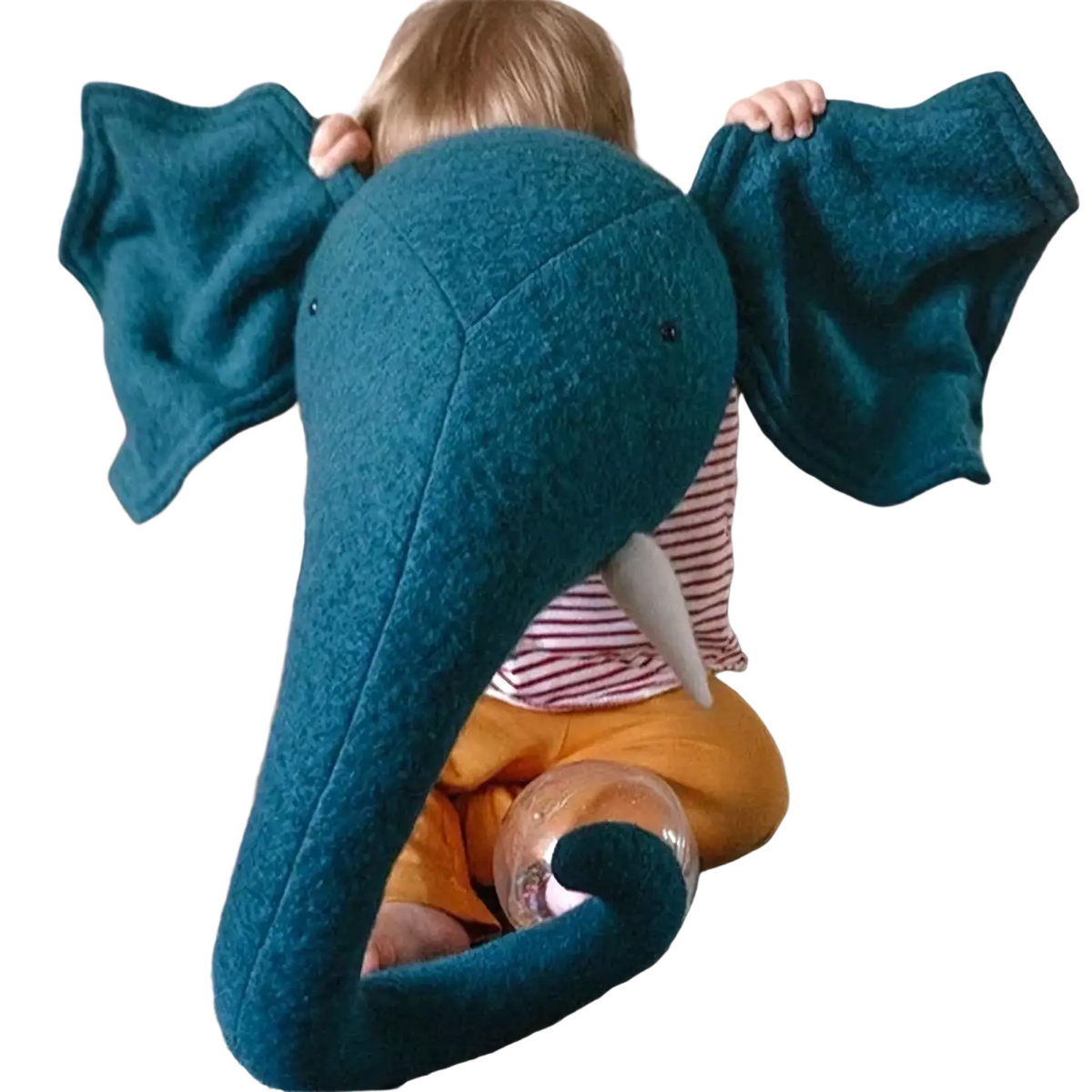 Teal felt 3d cartoon elephant head wall hanging decor with white tusks and floppy ears plush toy design
