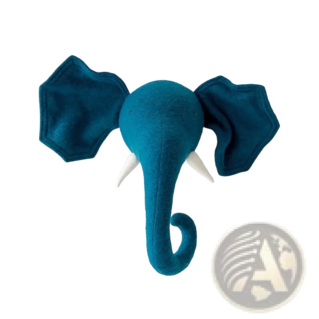 Teal felt 3d cartoon animal elephant head wall hanging decor with white tusks and curled trunk