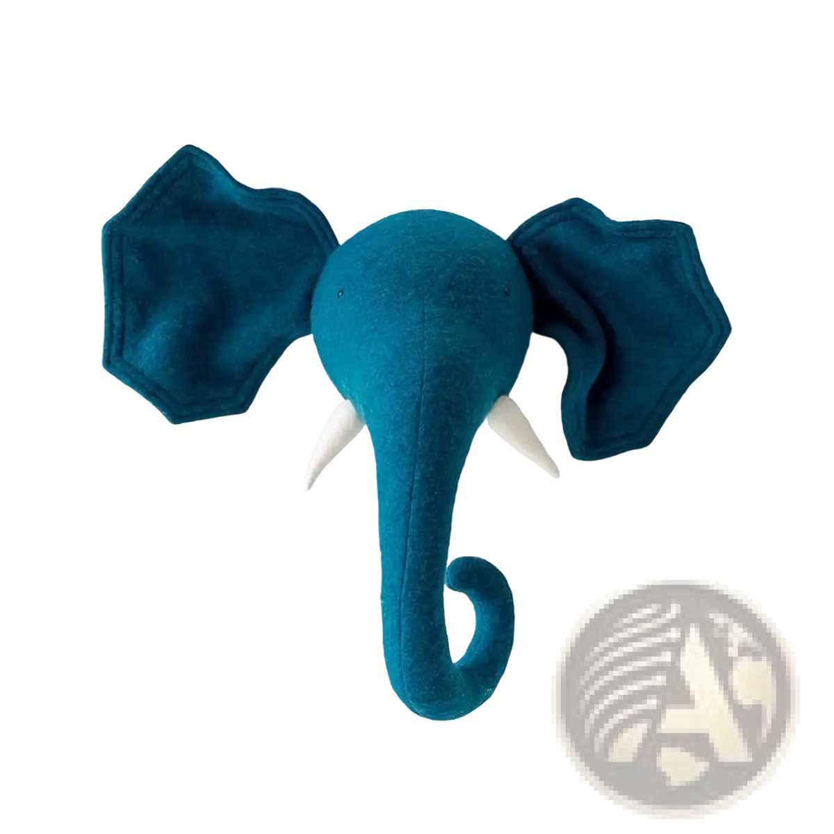 Teal felt 3d cartoon animal elephant head wall hanging decor with white tusks and curled trunk