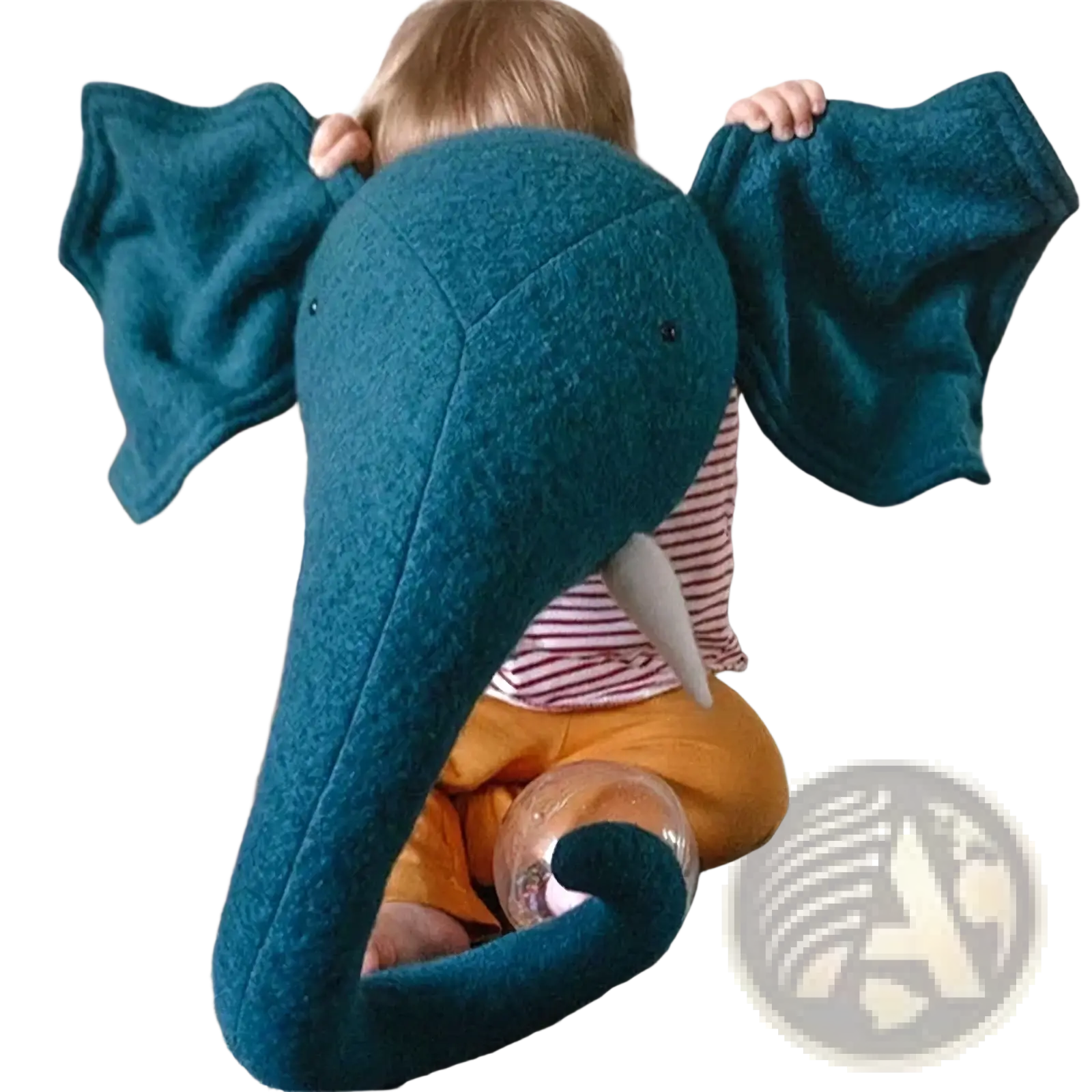 Teal felt 3d cartoon elephant head wall hanging decor with white tusks and floppy ears plush toy design