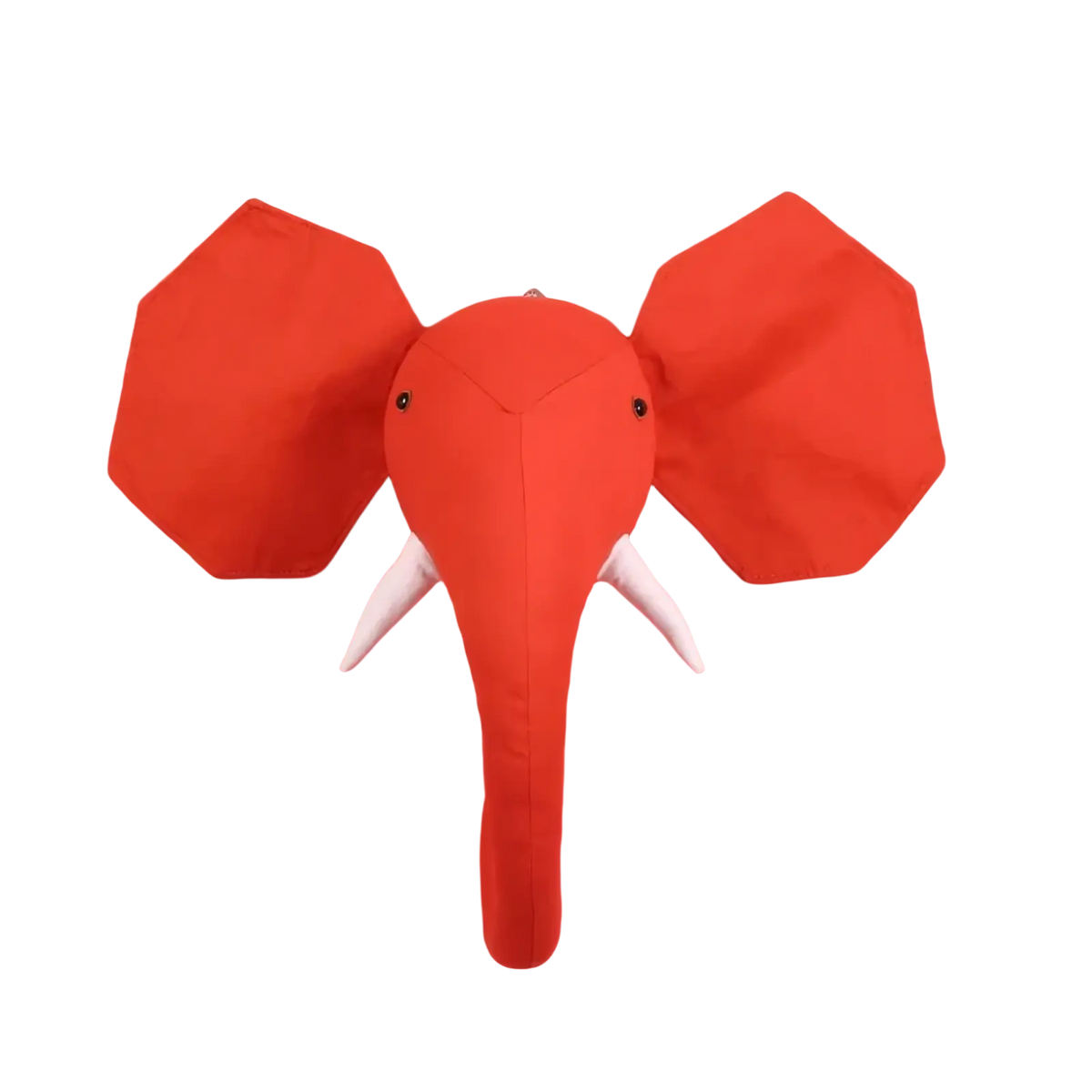 A vibrant red fabric 3d cartoon elephant head wall hanging decor with white tusks and black button eyes