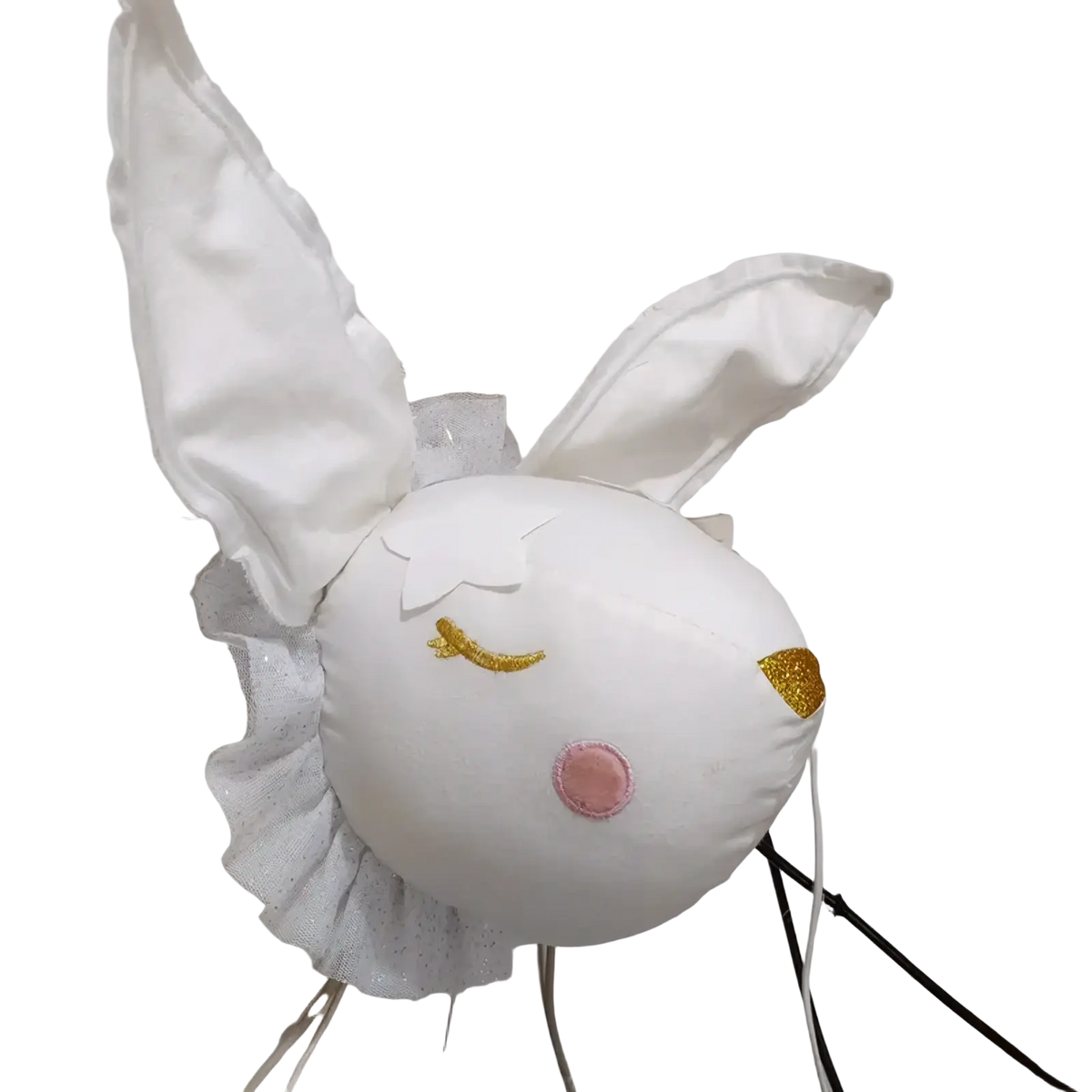 White plush 3d cartoon animal rabbit head wall hanging with gold glitter eyes and nose, pink blush, and lace ruffle trim