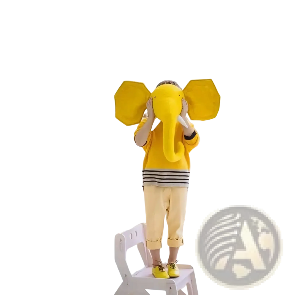 Yellow plush 3d cartoon animal head wall hanging decor elephant with white tusks and soft fabric texture