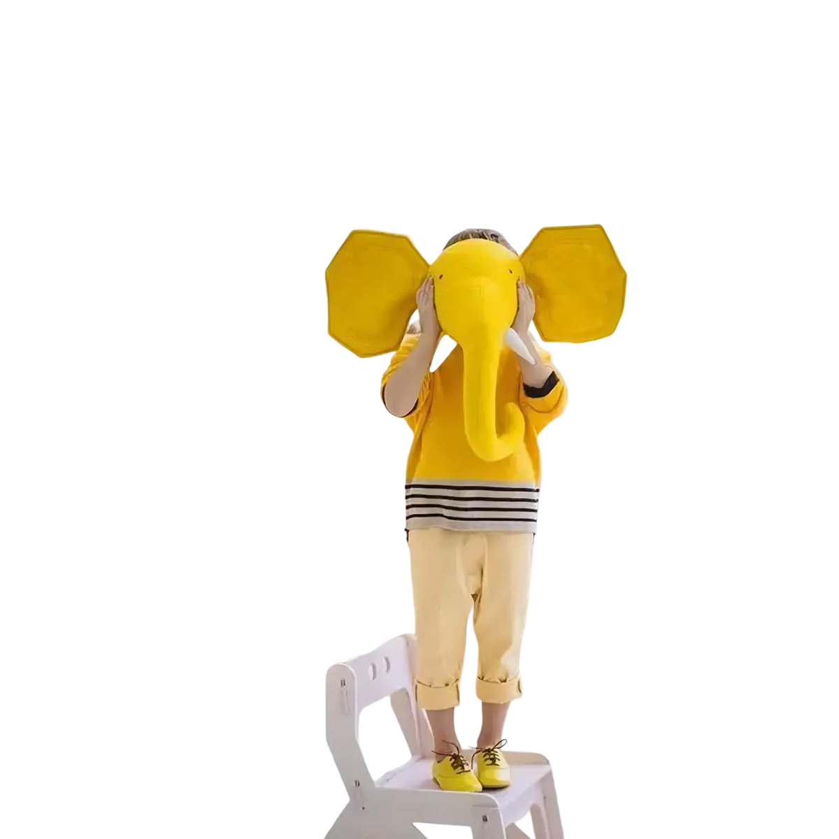Yellow plush 3d cartoon animal head wall hanging decor elephant with white tusks and soft fabric texture