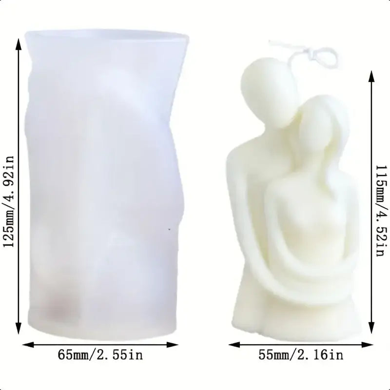 White silicone 3d couple hug candle mold with smooth translucent surface and subtle vertical ridges
