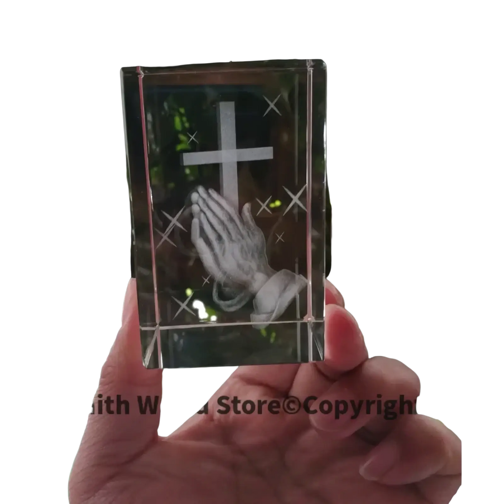 Clear crystal 3d engraved prayer box with cross and praying hands design for spiritual decor and keepsake