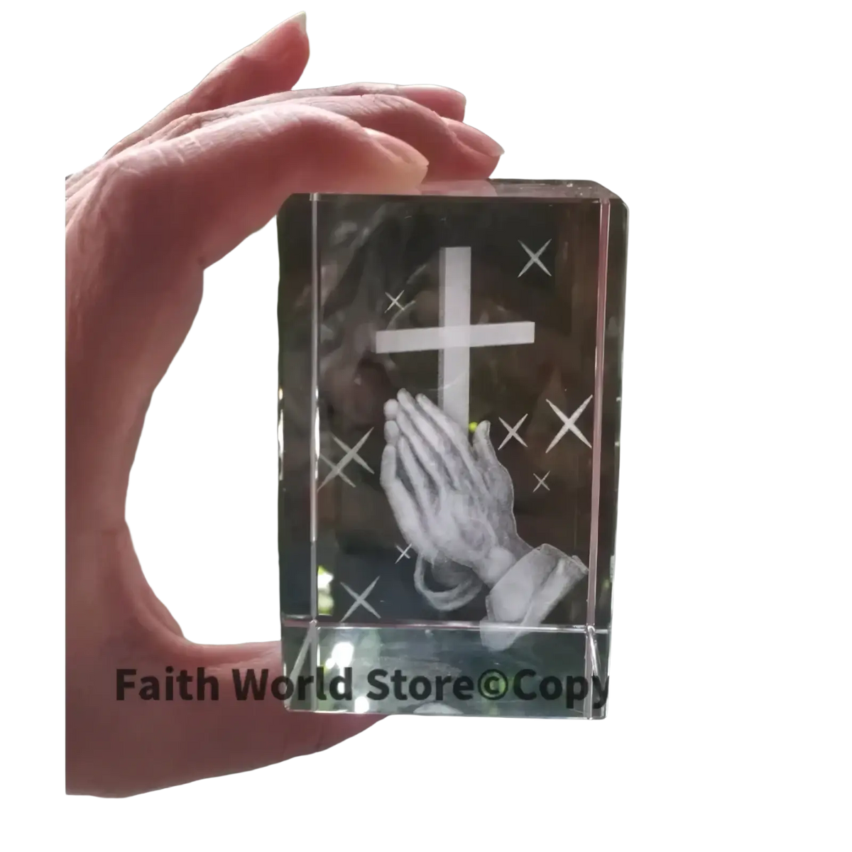 Clear crystal block 3d statue featuring engraved cross and praying hands design for spiritual decoration
