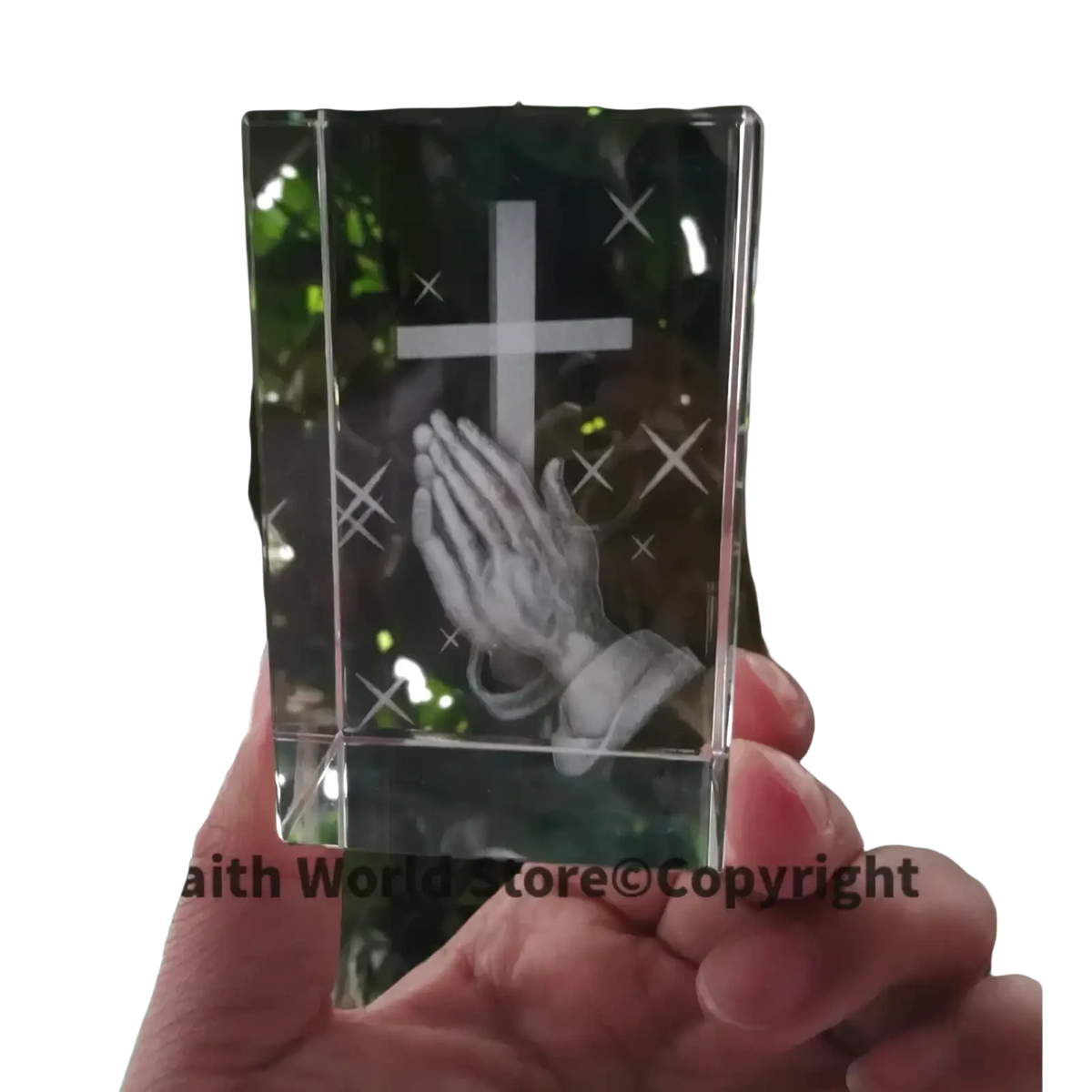 Clear crystal block 3d statue featuring an engraved cross and praying hands design in transparent crystal material