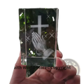 Clear crystal block 3d statue featuring an engraved cross and praying hands design in transparent crystal material