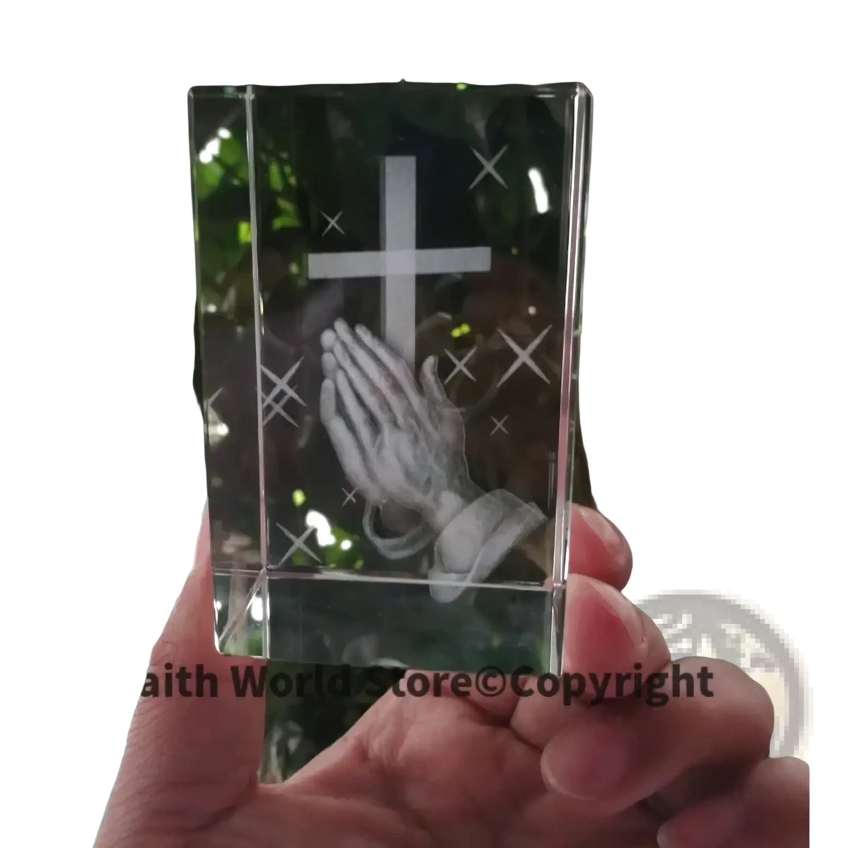 Clear crystal block 3d statue featuring an engraved cross and praying hands design in transparent crystal material