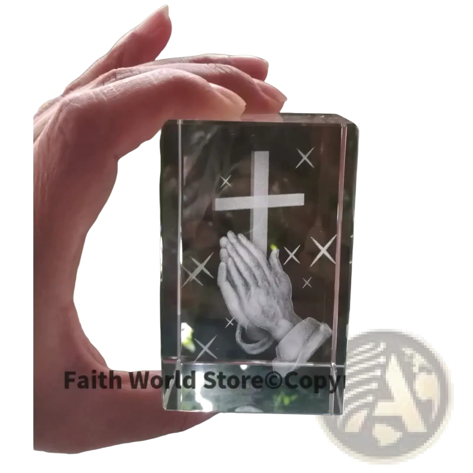 Clear crystal cross praying hands statue featuring engraved cross and praying hands with starburst details