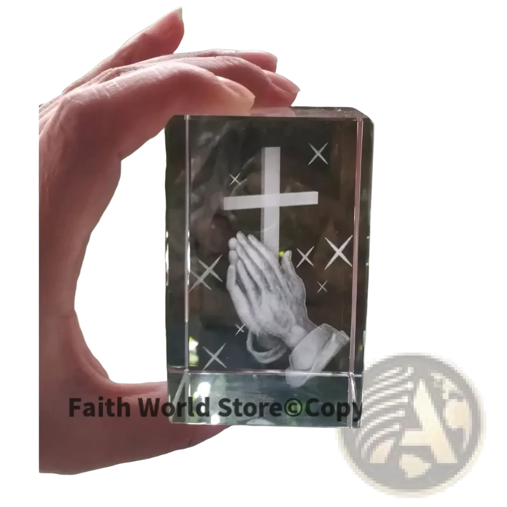 Clear crystal block 3d statue featuring engraved cross and praying hands design for spiritual decoration