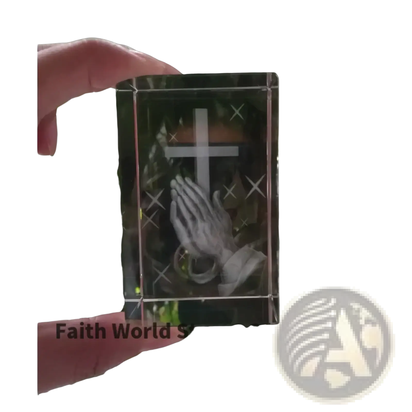 Clear crystal cross praying hands statue featuring an engraved cross and praying hands design inside a crystal box