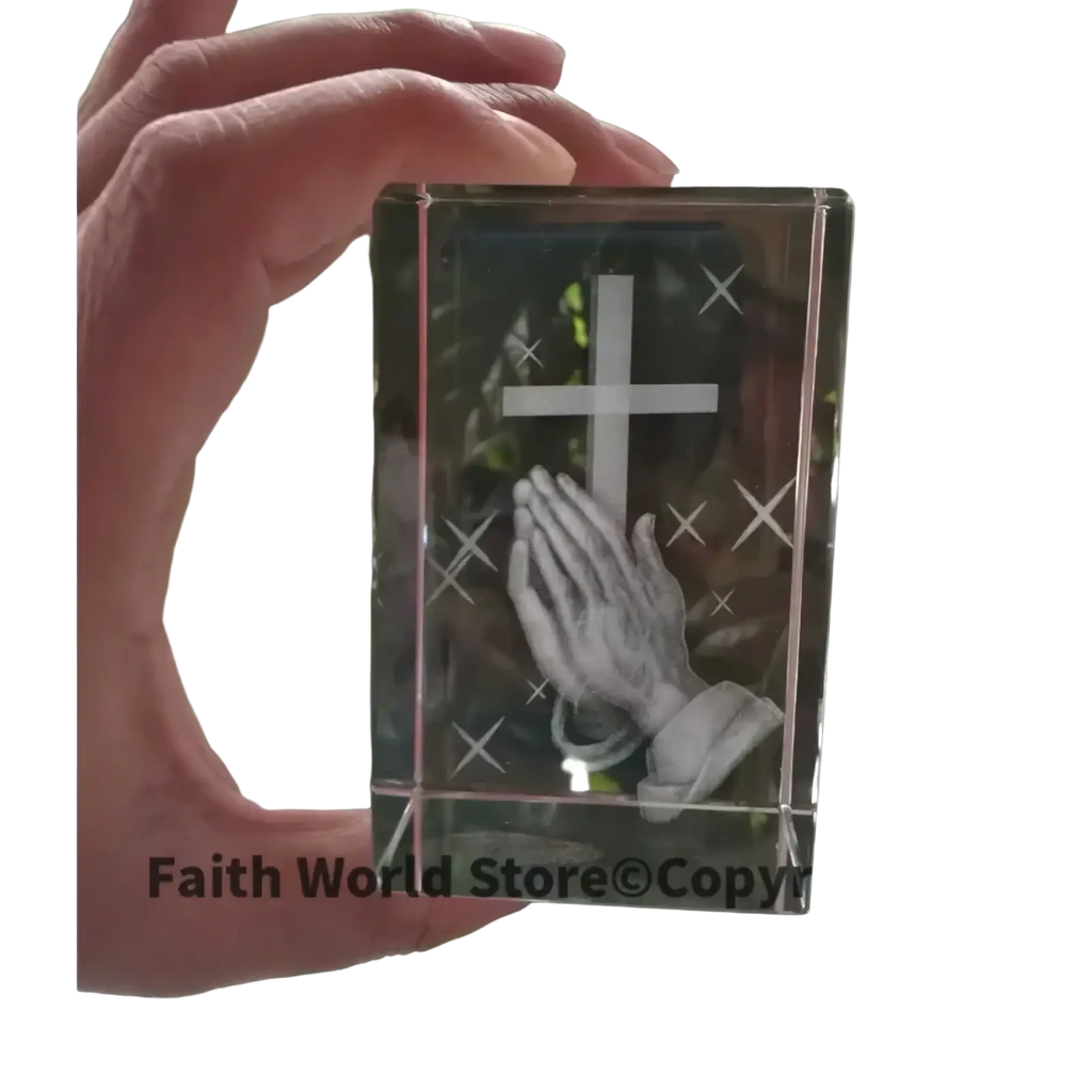 Clear crystal cube 3d statue with engraved cross and praying hands design for religious decoration or gift