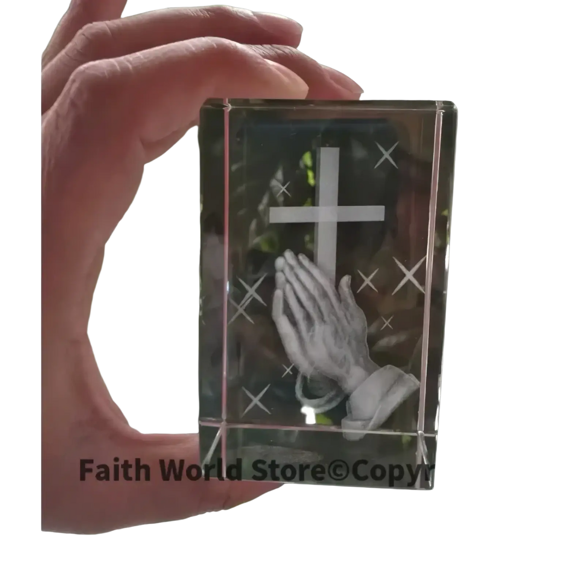 Clear crystal cube 3d statue with engraved cross and praying hands design for religious decoration or gift