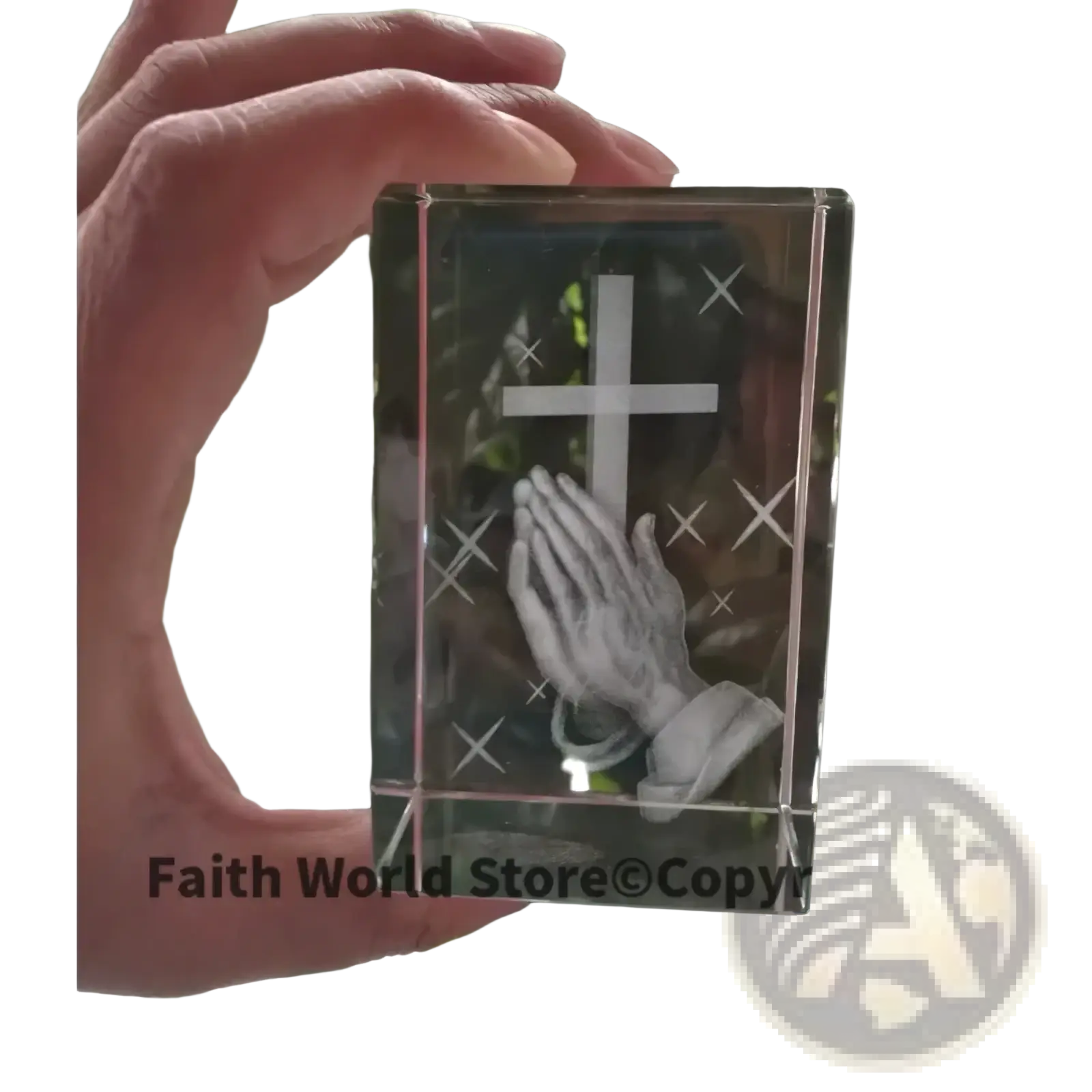 Clear crystal cube 3d statue with engraved cross and praying hands design for religious decoration or gift