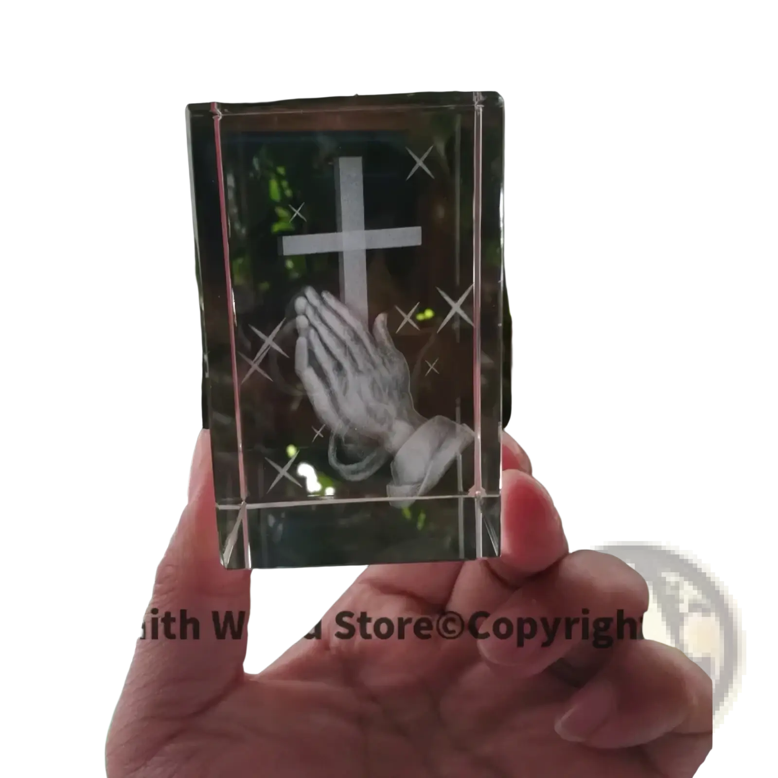 Clear crystal 3d engraved prayer box with cross and praying hands design for spiritual decor and keepsake