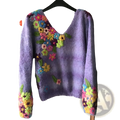 A vibrant lavender knit 3d digital print v neck sweater for women with colorful hand-embroidered flowers