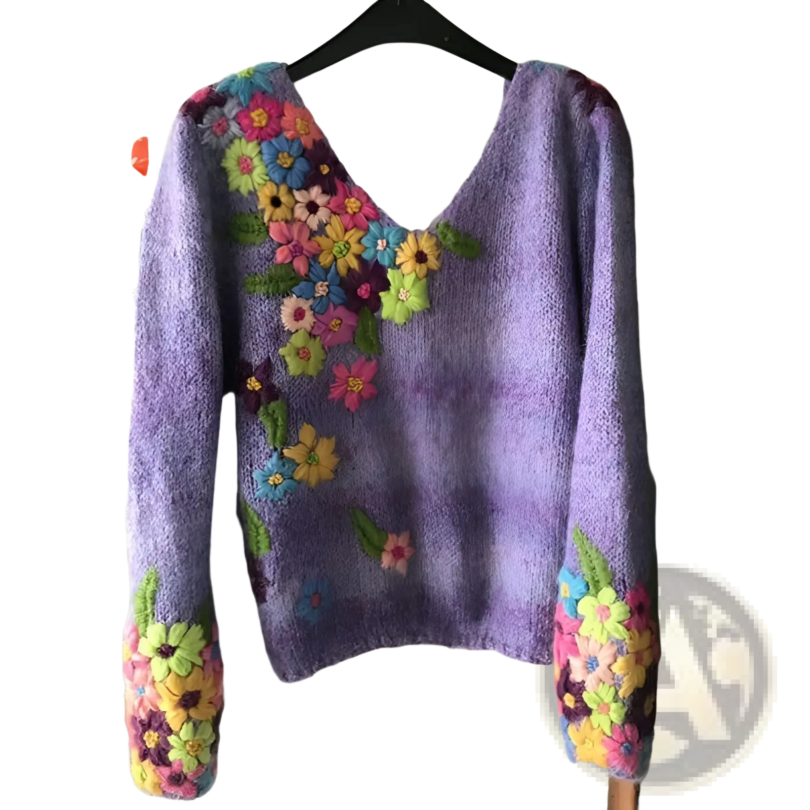A vibrant lavender knit 3d digital print v neck sweater for women with colorful hand-embroidered flowers