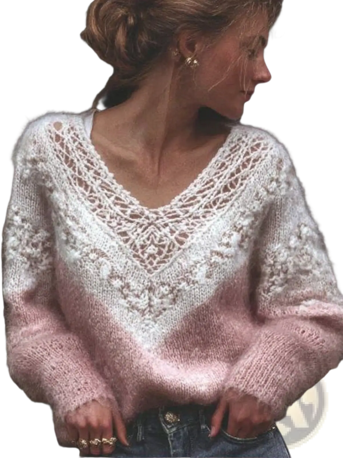 A soft fluffy white and pink gradient knit 3d digital print v neck halloween sweater with lace detailing for women