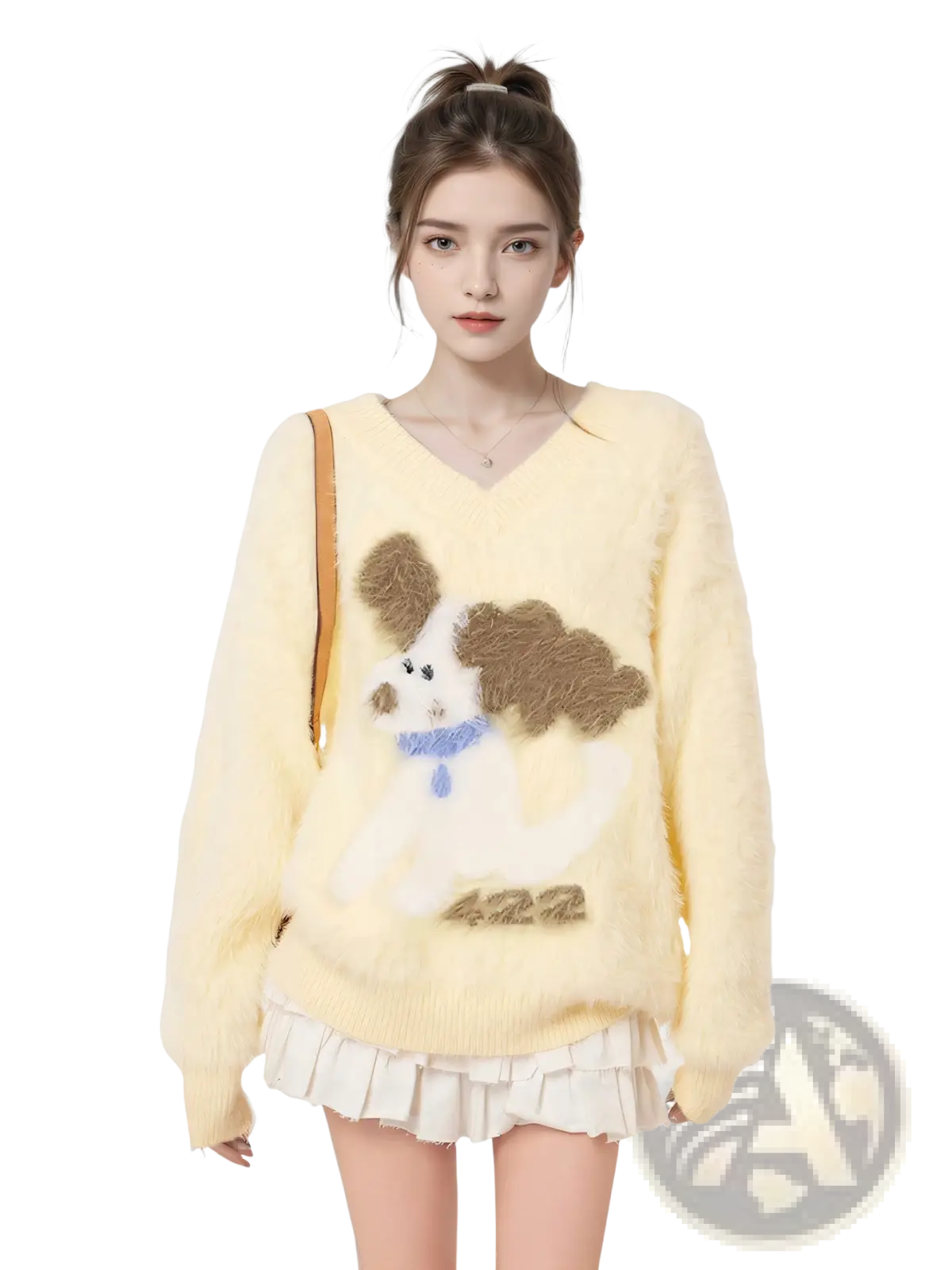 A soft pale yellow fuzzy knit v neck sweater for women with a plush brown poodle appliqué and a blue scarf