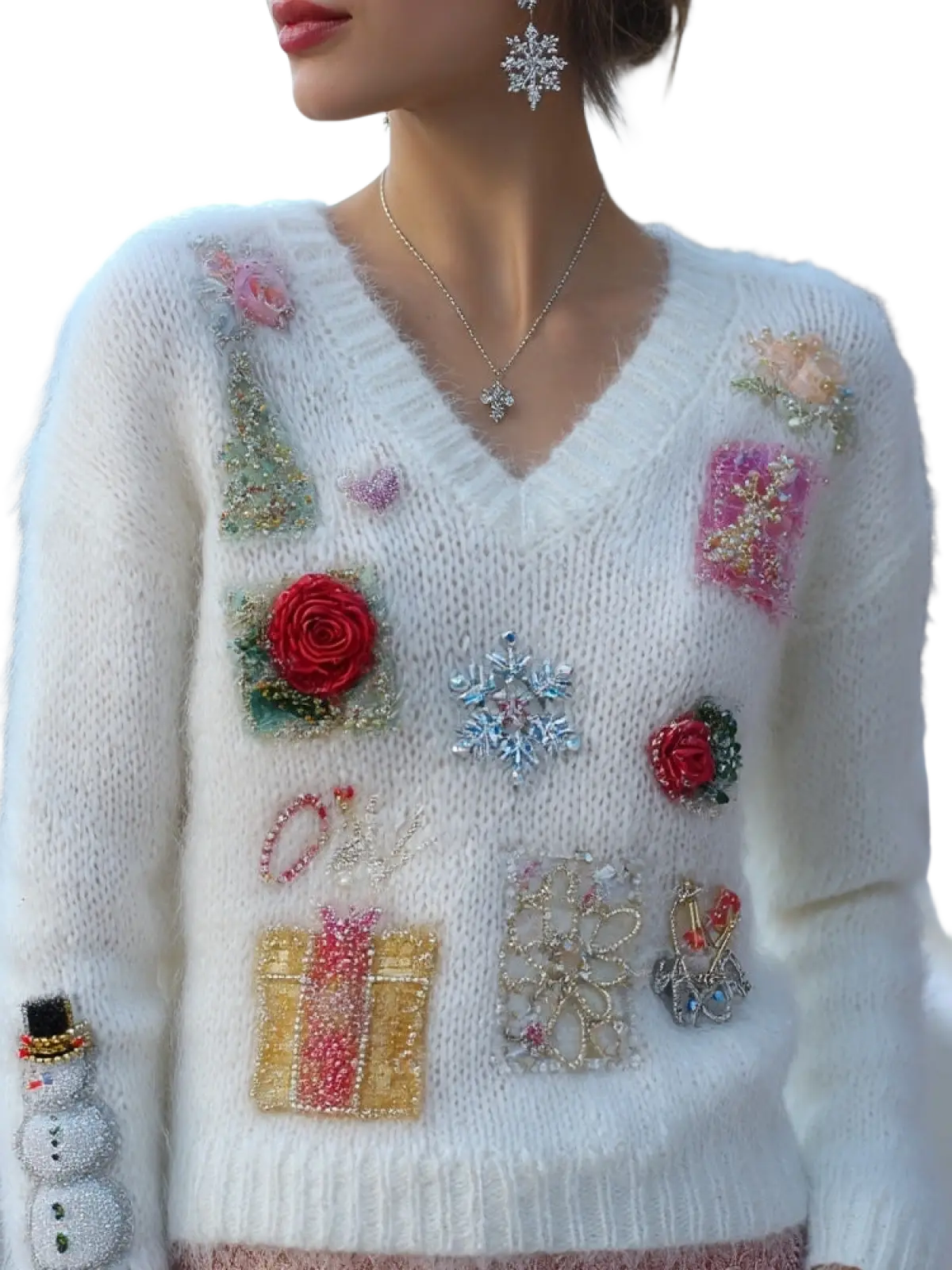 A fluffy white knit v neck sweater for women with colorful beaded holiday appliqués including roses and snowflakes