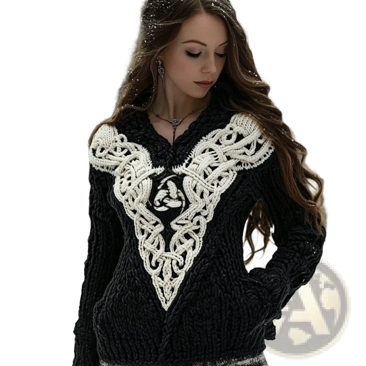 Black knitted v neck sweater for women with intricate white celtic knotwork embroidery for halloween wear