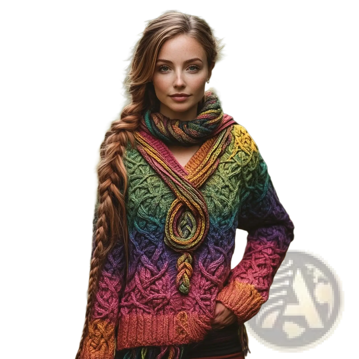 Rainbow gradient cable-knit sweater with intricate braided detailing and matching scarf for women Halloween wear