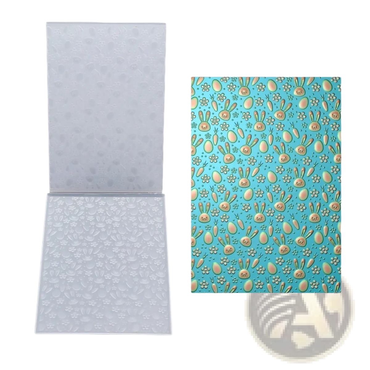 Clear plastic 3d floral embossing folder with easter bunny and egg designs for card making on light blue background