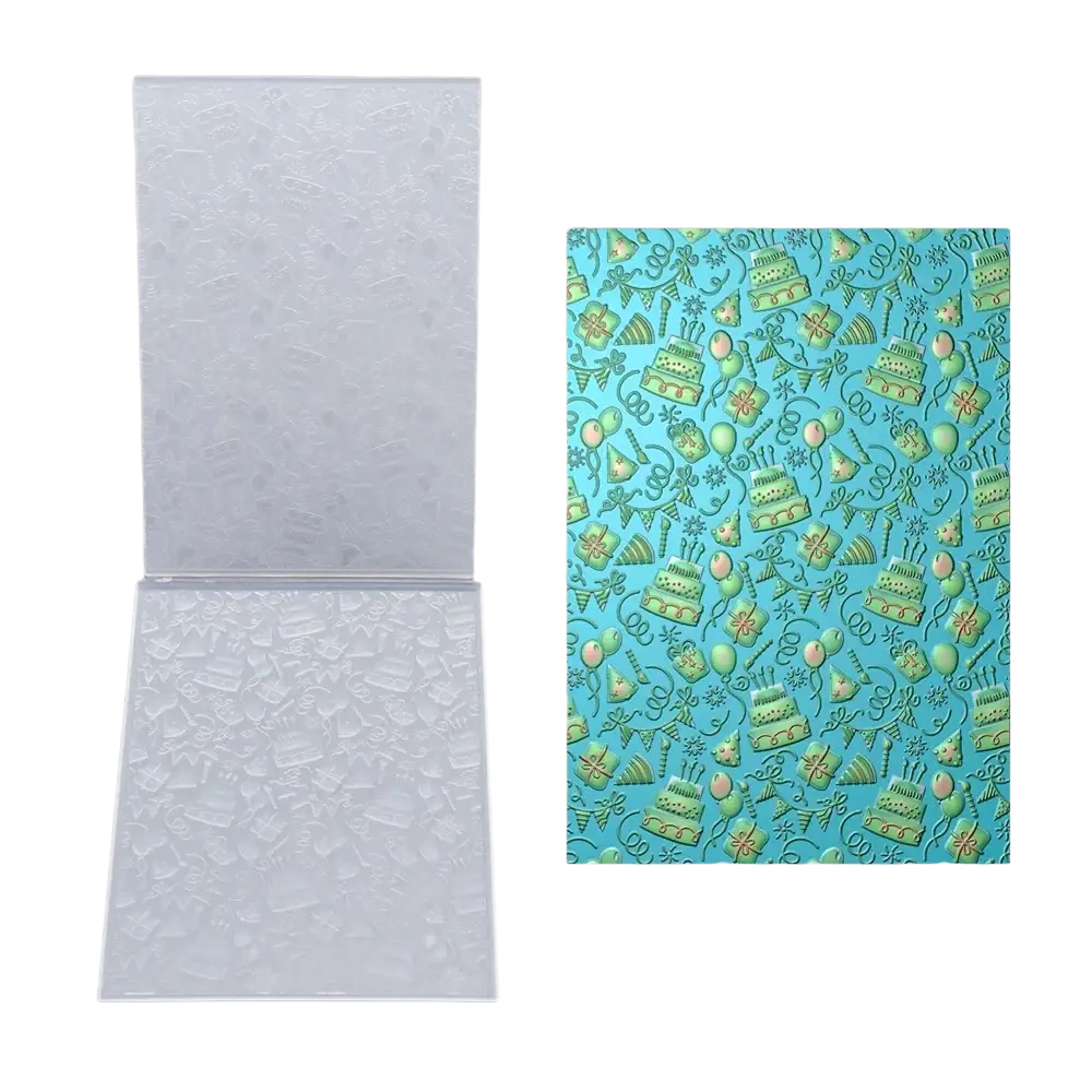 Clear plastic birthday-themed stamp set with embossed cake balloon and party decorations on light blue background for card making