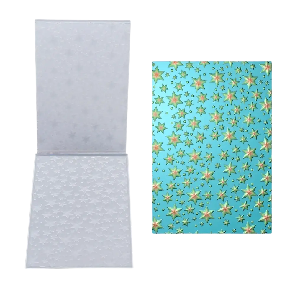 Clear plastic 3d floral embossing folder with star-patterned translucent white interior and light blue exterior for card making