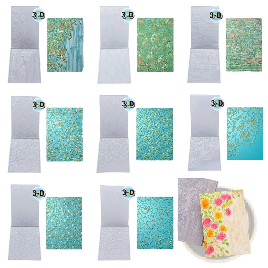 A collection of 3d floral embossing folder greeting cards with intricate teal, green, and pink metallic patterns