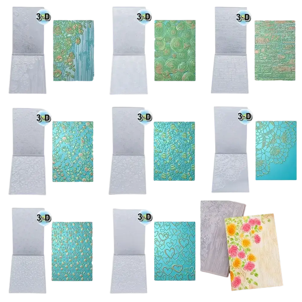 A collection of teal green and pink 3d floral embossing folder card inserts with embossed floral swirl and lace patterns