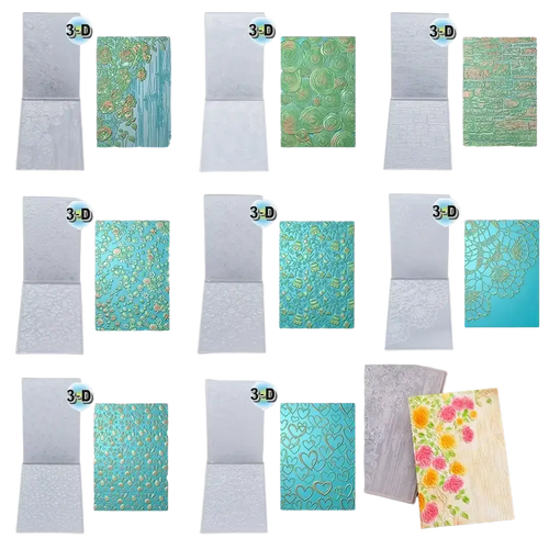 A collection of teal green and pink 3d floral embossing folder card inserts with embossed floral swirl and lace patterns