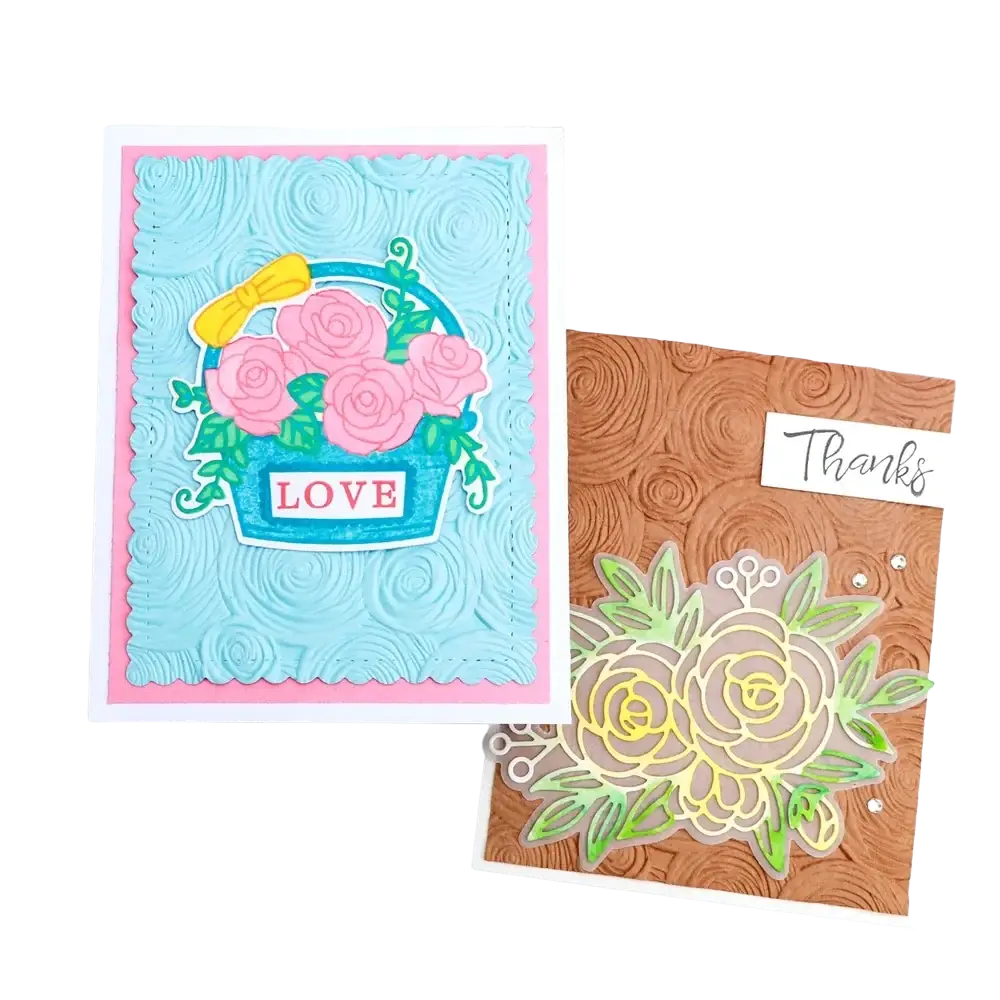 A 3d floral embossing folder featuring a delicate pink rose bouquet in a blue basket with a yellow bow on textured cardstock