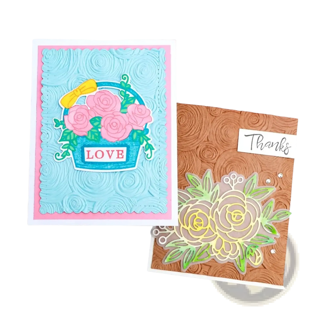 A 3d floral embossing folder featuring a delicate pink rose bouquet in a blue basket with a yellow bow on textured cardstock
