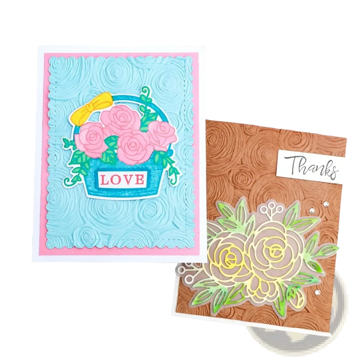 A 3d floral embossing folder featuring a delicate pink rose bouquet in a blue basket with a yellow bow on textured cardstock