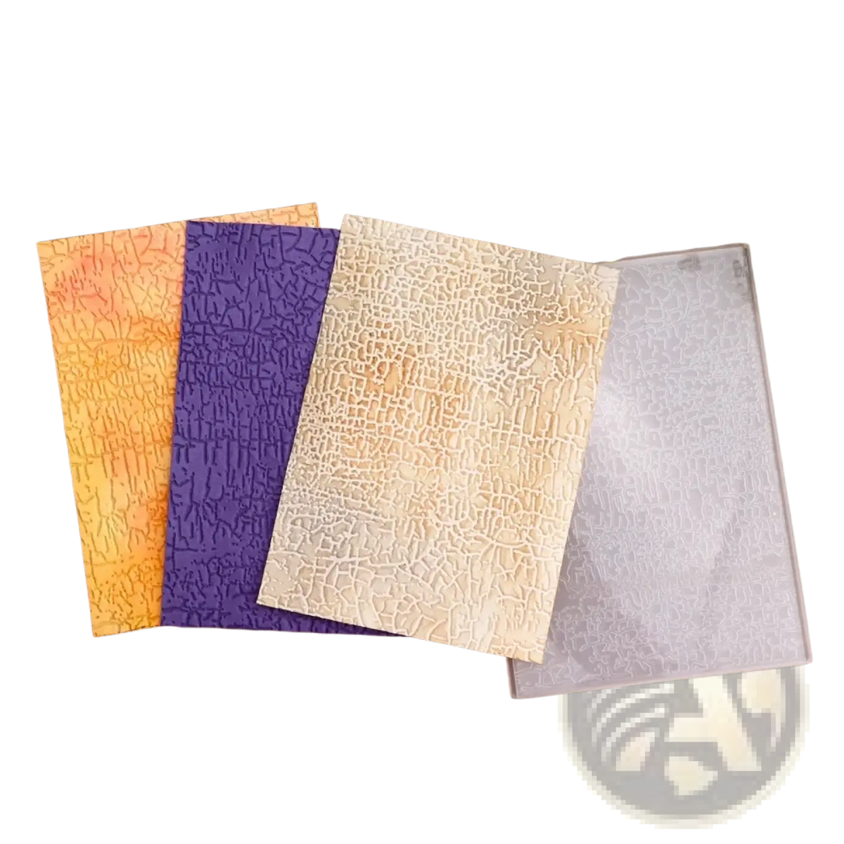 Four rectangular cardholders in orange purple beige and clear transparent with textured crackled surface for card making