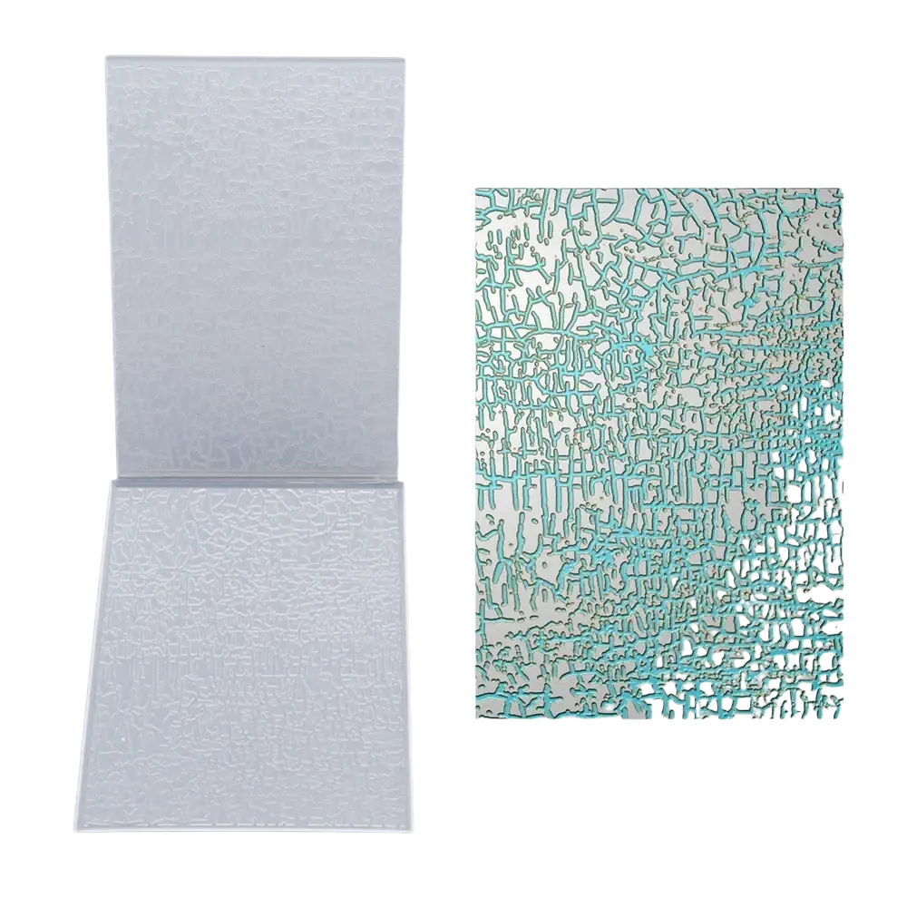 A translucent white acrylic card holder with a crackled light blue design for 3d floral embossing folder use