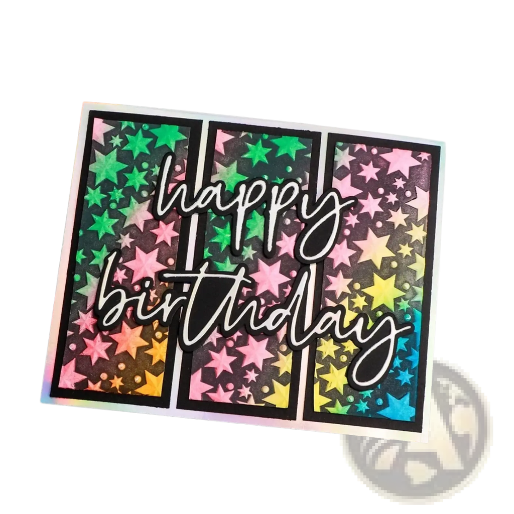 A vibrant rainbow-hued 3d floral embossing folder for card making featuring a starry design and white cursive lettering