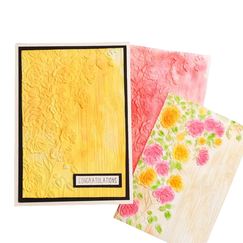 Yellow textured floral card with black border featuring congratulations label made using 3d floral embossing folder