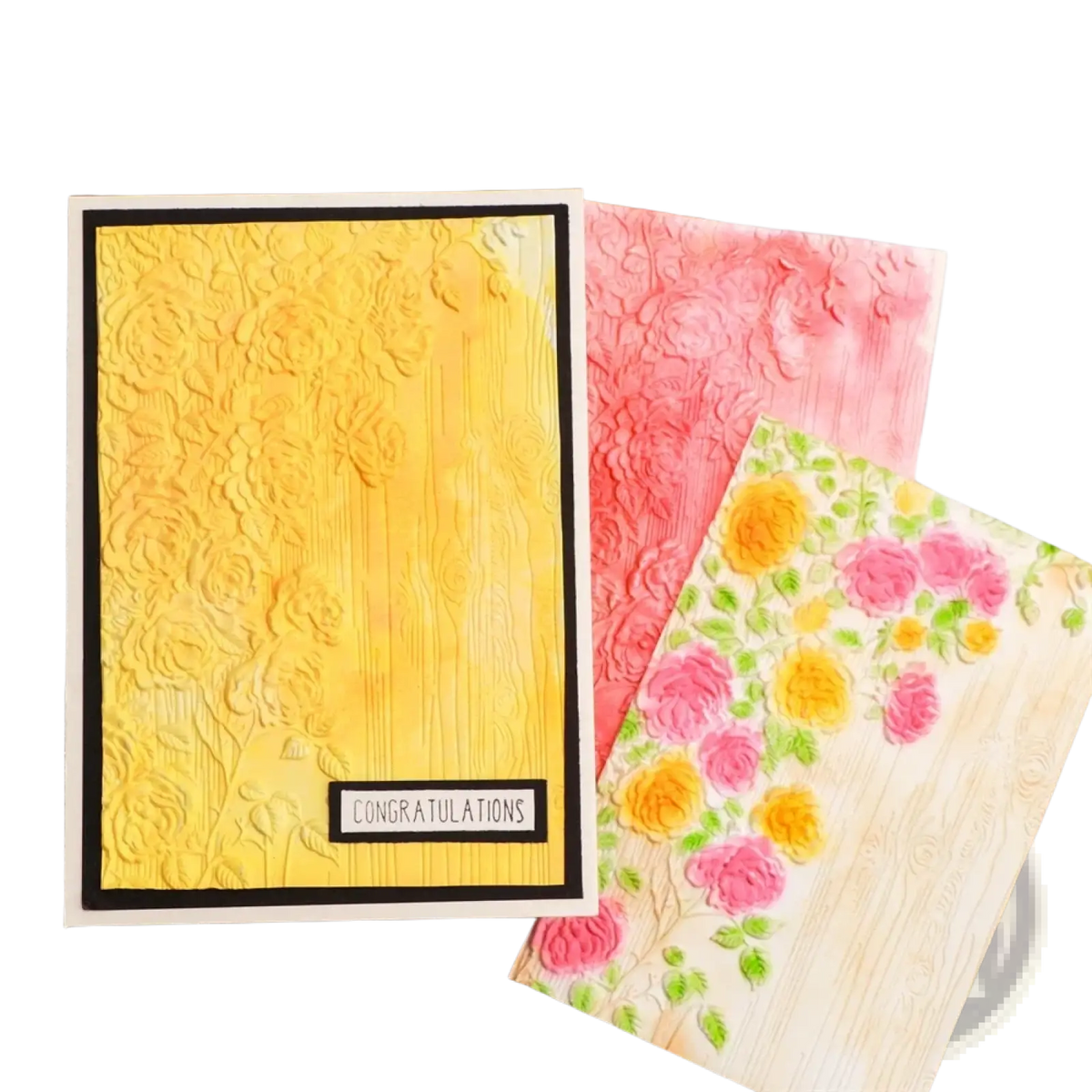 Yellow textured floral card with black border featuring congratulations label made using 3d floral embossing folder