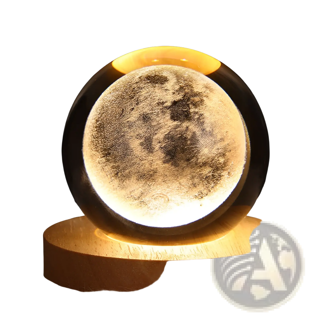 A glowing 3d galaxy crystal ball led night light moon lamp with realistic lunar surface in clear glass on wooden base